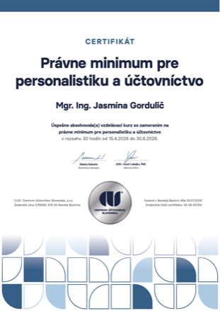 Certifikát Právne minimum pre personalistiku a účtovníctvo